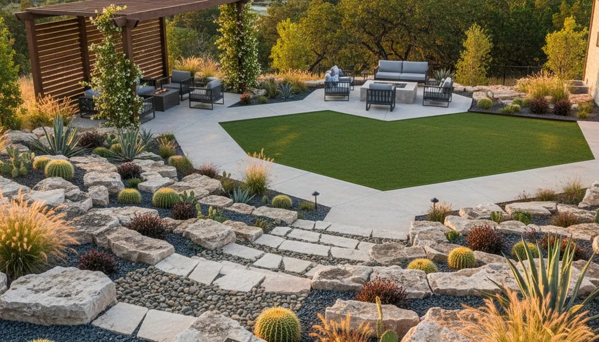 Landscaping crew servicing a San Antonio, TX yard with professional lawn care and landscape maintenance