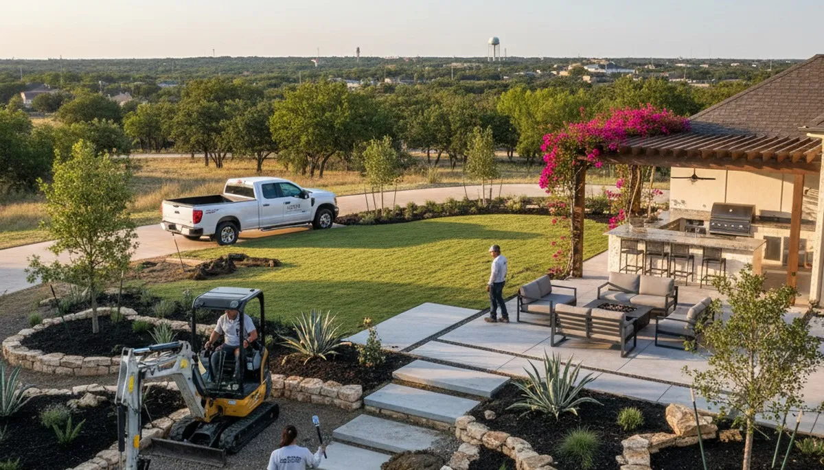 Landscaping crew providing lawn care and landscape maintenance in San Antonio, TX