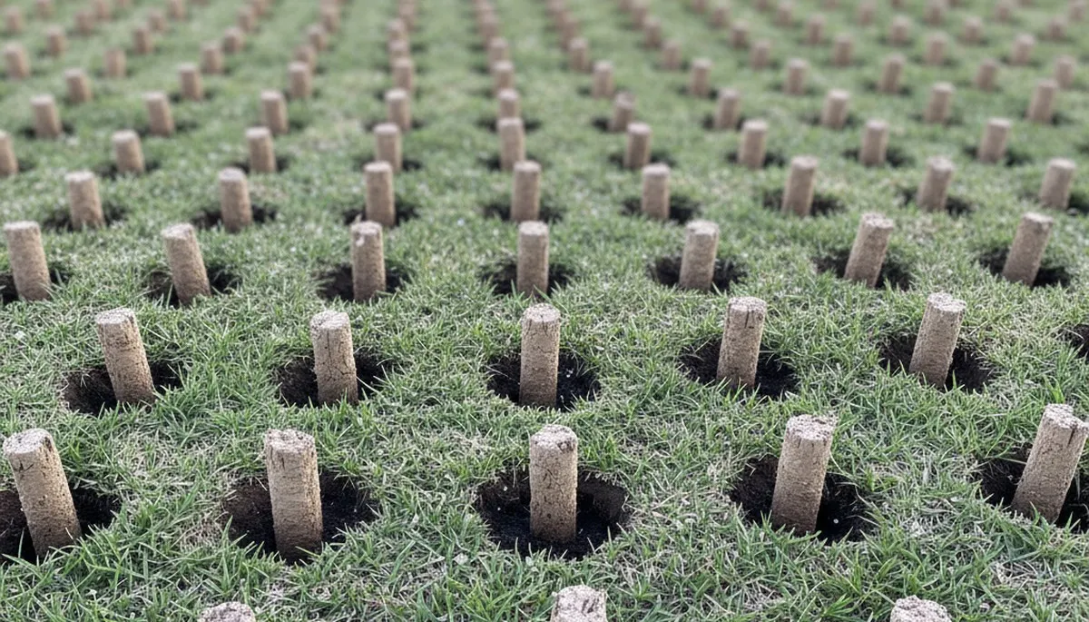 Close-up of soil core plugs after lawn aeration on a San Antonio TX yard by Chop Chop Landscaping